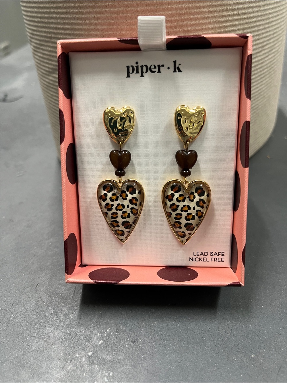 NIB Piper Leopard Heart Drop Earrings in Gold and Brown